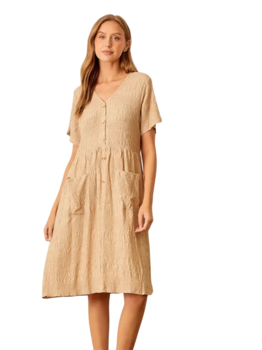 Polagram Beige Textured V-Neck Midi Dress with Front Pockets